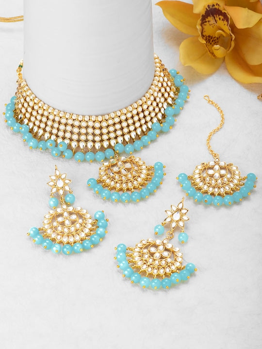 Gold Plated Kundan Round Shape Earrings Pearl Necklace Set Bollywood Collection