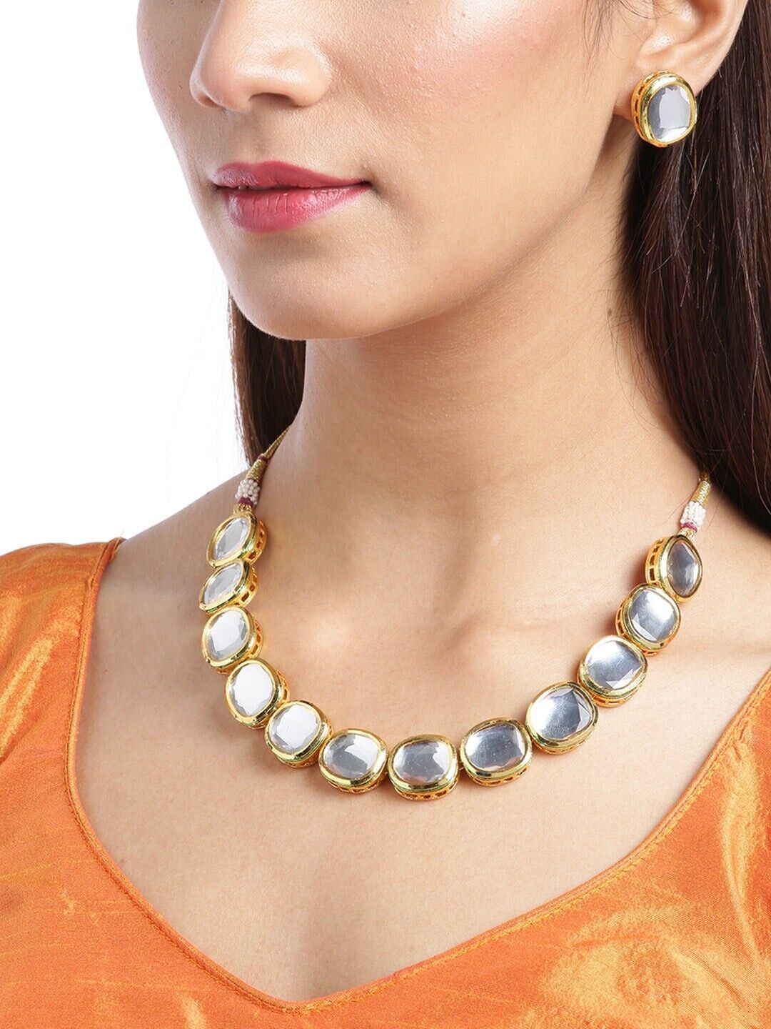 Gold Plated White Stone Kundan Necklace Earrings Collection With Backside Meenakari
