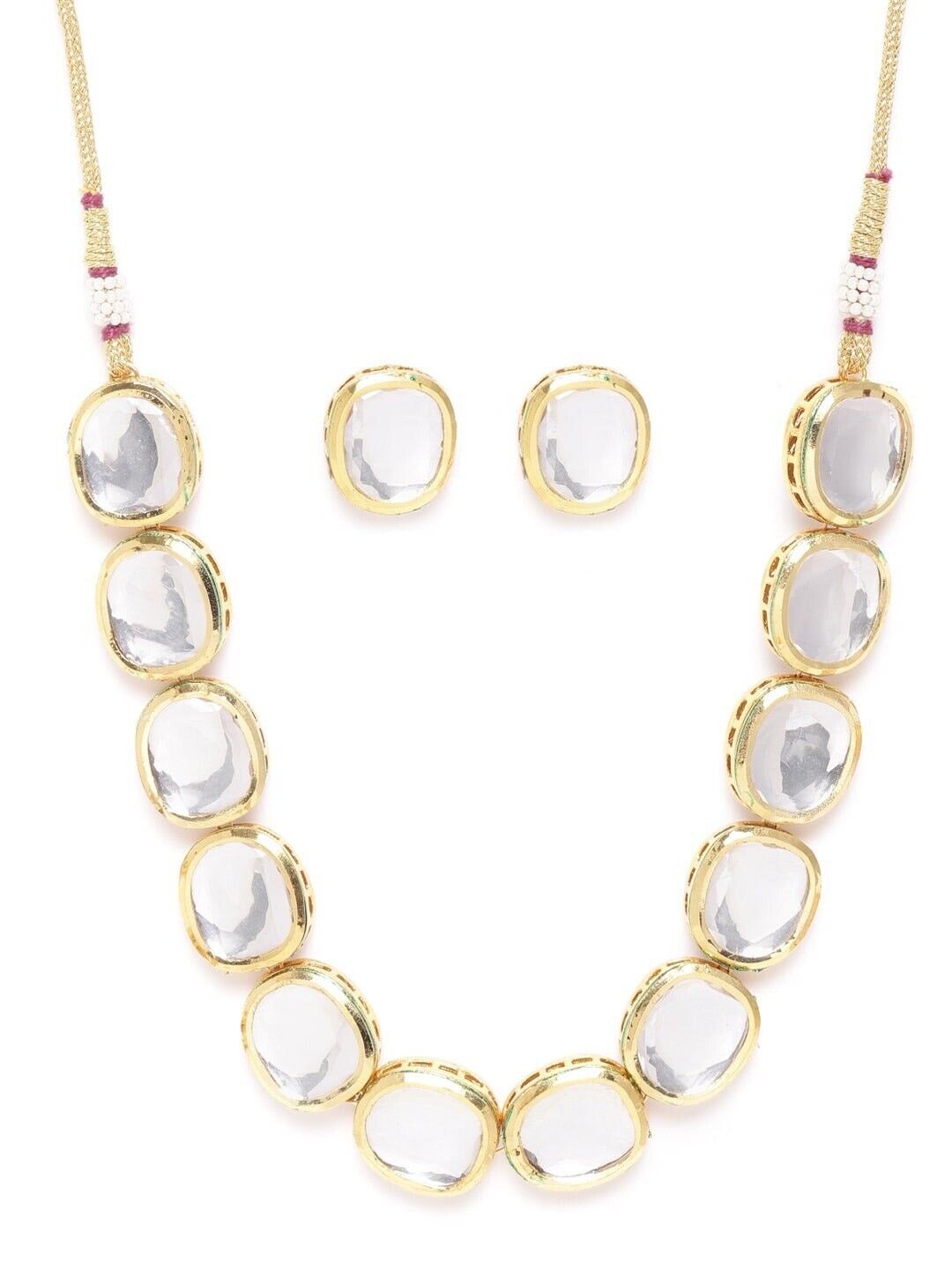 Gold Plated White Stone Kundan Necklace Earrings Collection With Backside Meenakari