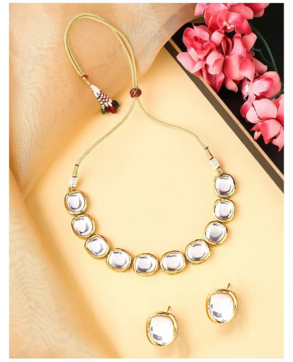 Kundan Shoulder Necklace  Earrings Set With Mirror Stone