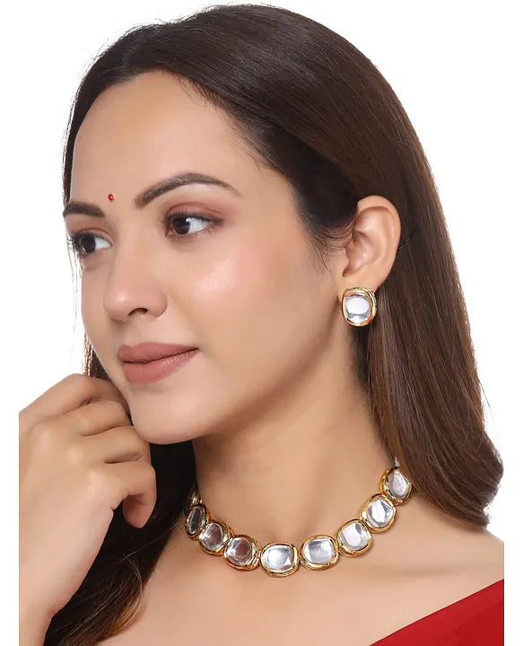 Kundan Shoulder Necklace  Earrings Set With Mirror Stone