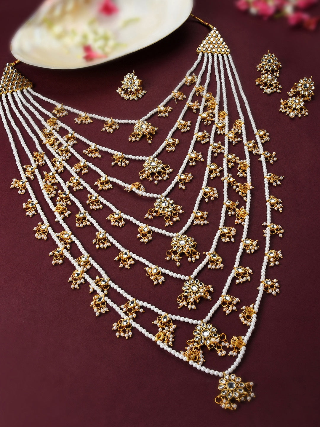 Seven Layer Kundan Long Mala Studded Gold Polish Necklace Earrings Set