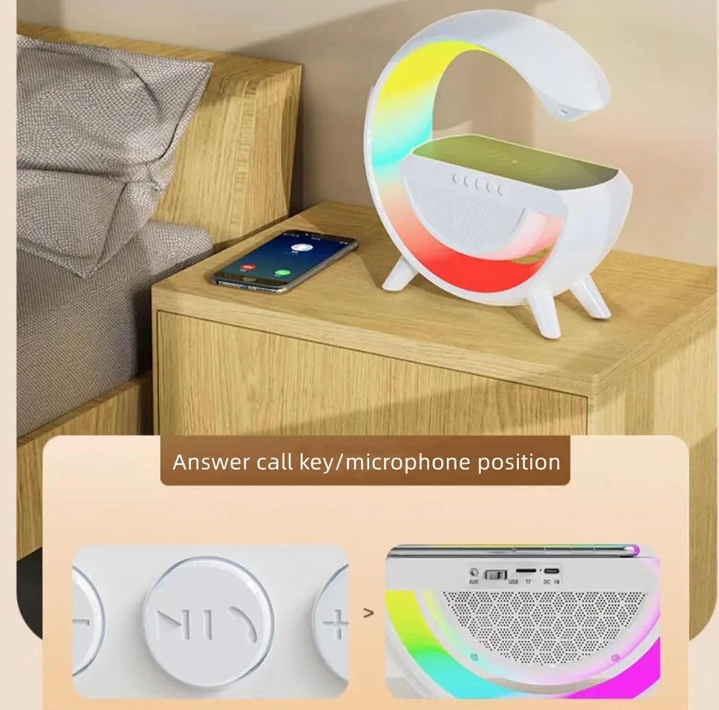 Google Speaker Multifunctional Bluetooth Speaker with 15W Wireless Charger Cum Color Changing Desk Lamp Luxurious Google Bedside Table Lamp