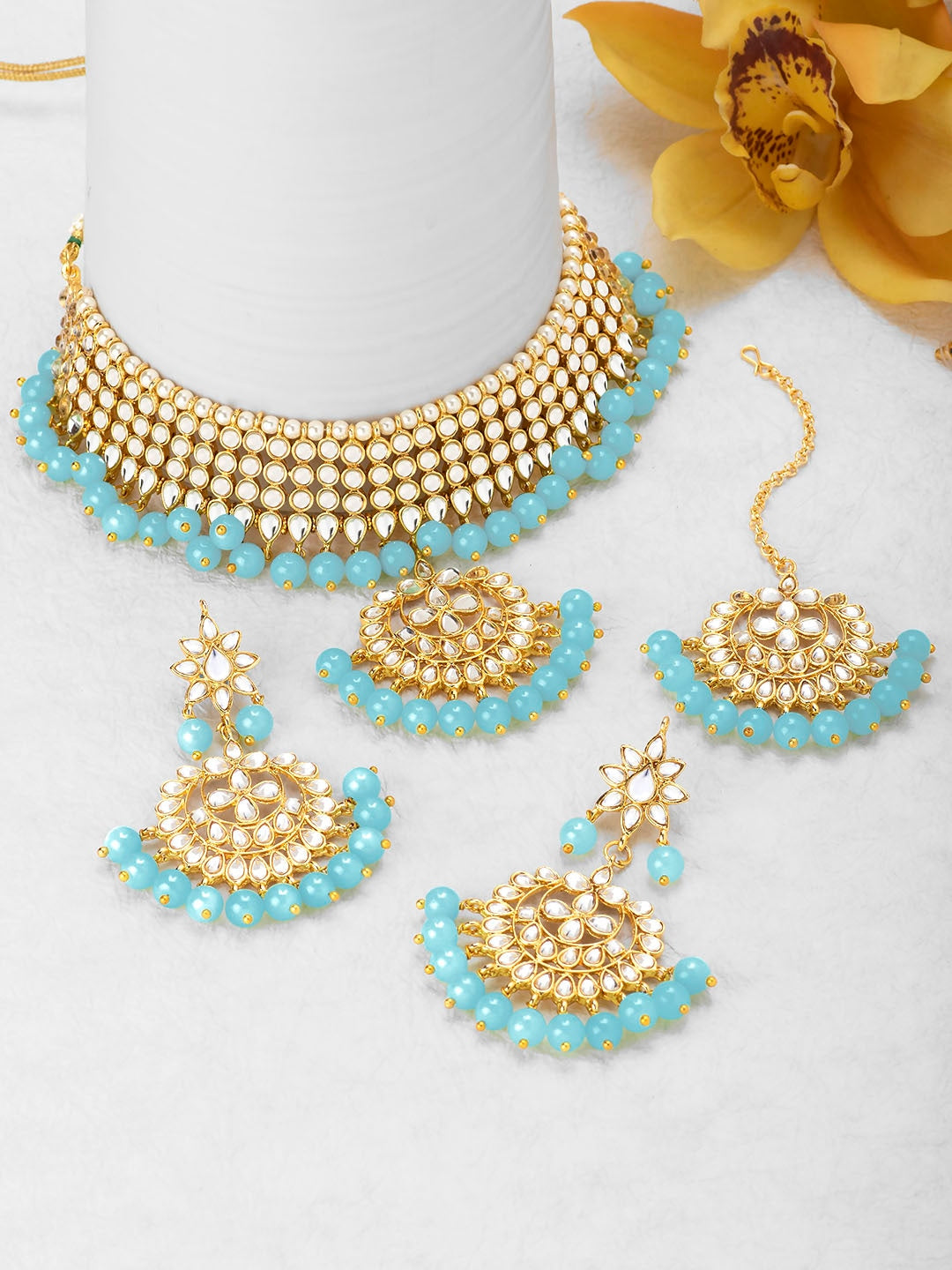 Gold Plated Pendant Sky Blue Choker Necklace Earrings Set Indian Jewellery