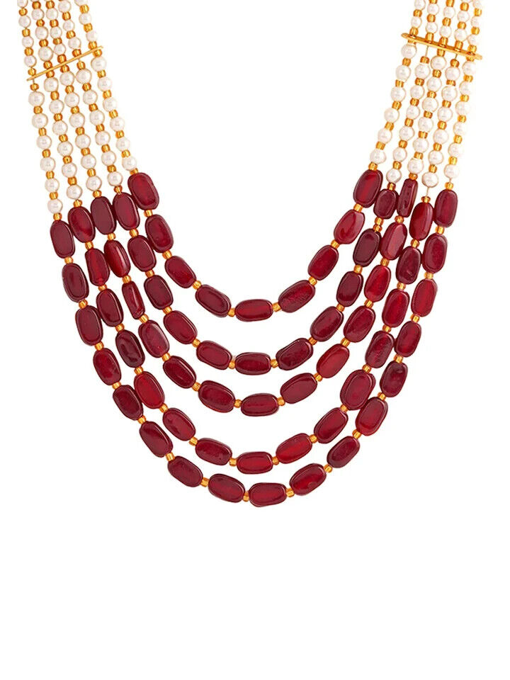 Red Tumbler Long Mala Beaded Necklace Set Natural Stone