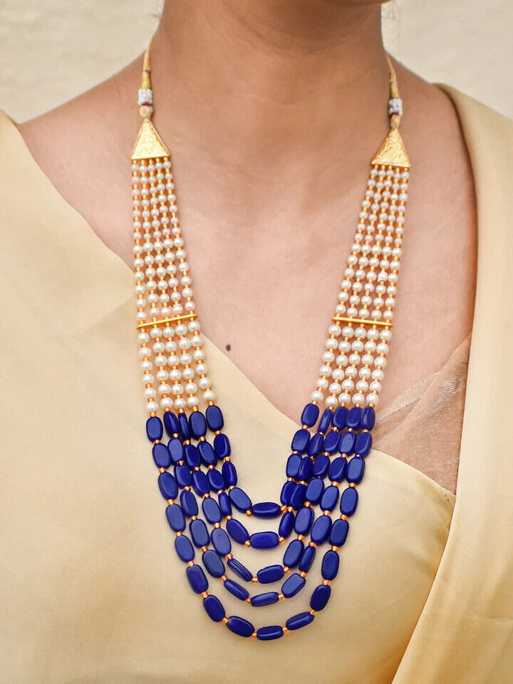 Blue Color Long Natural Stone Tumbler Necklace White Peal Set