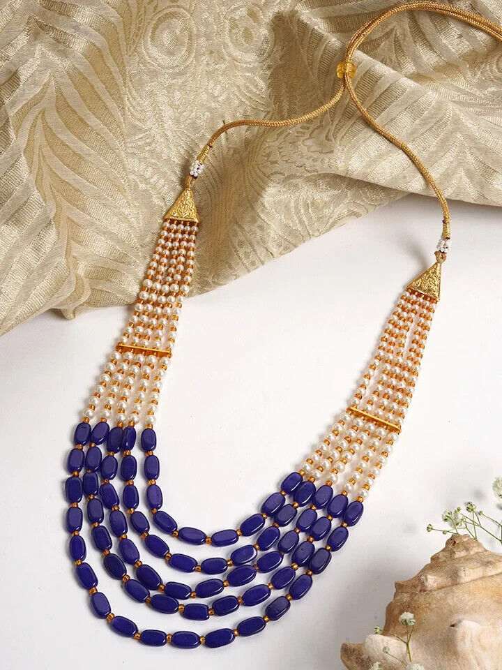 Blue Color Long Natural Stone Tumbler Necklace White Peal Set