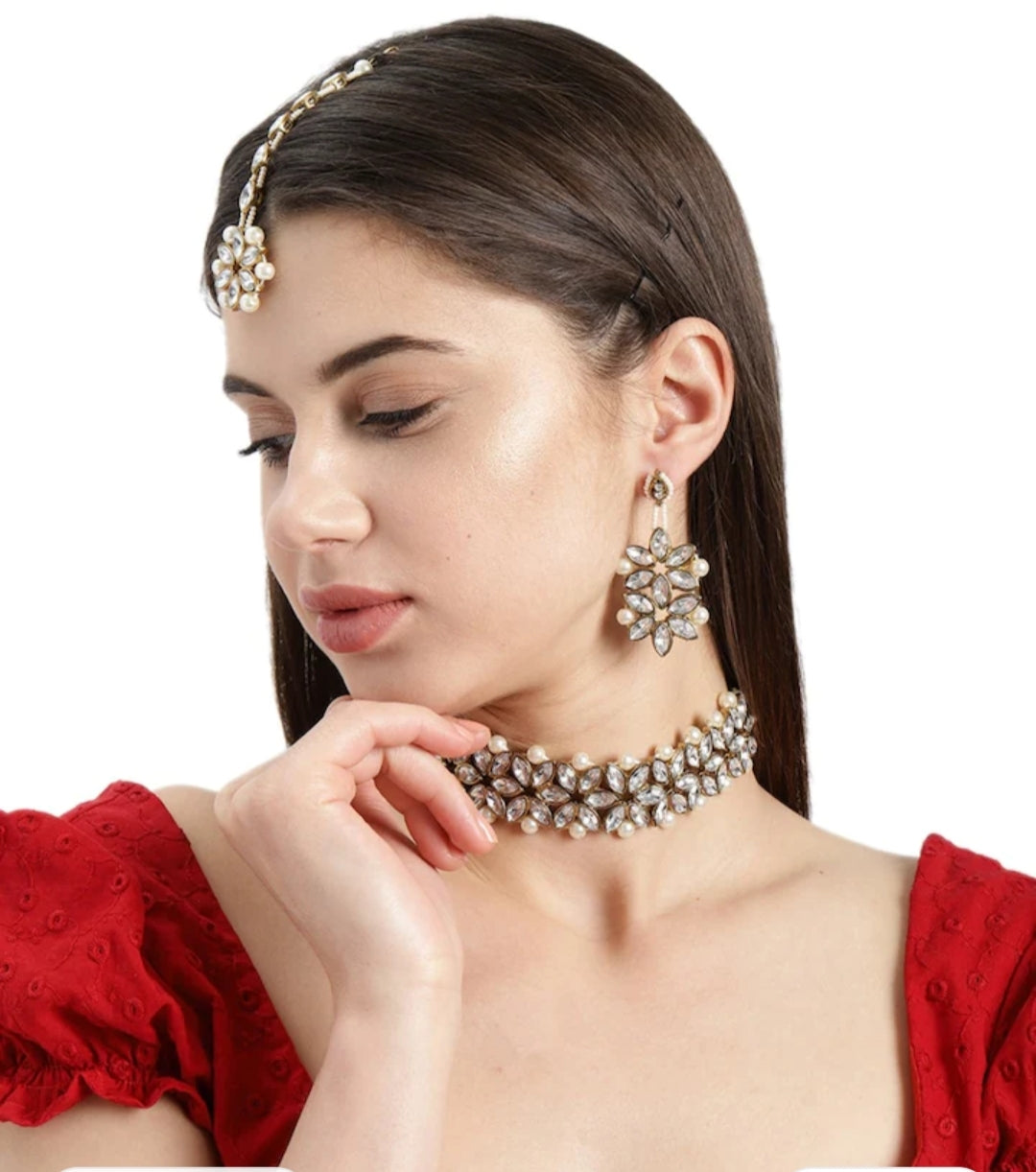 White Stone Kundan Necklace Earrings Combo Collection With Maang Tikka