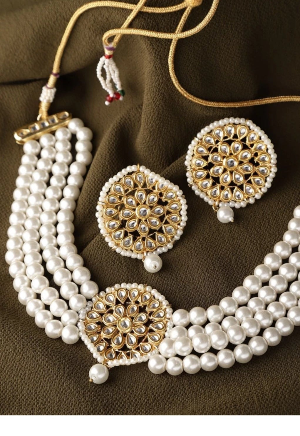 Gold Plated White Stone Pearl Kundan Necklace Earrings Bollywood Collection
