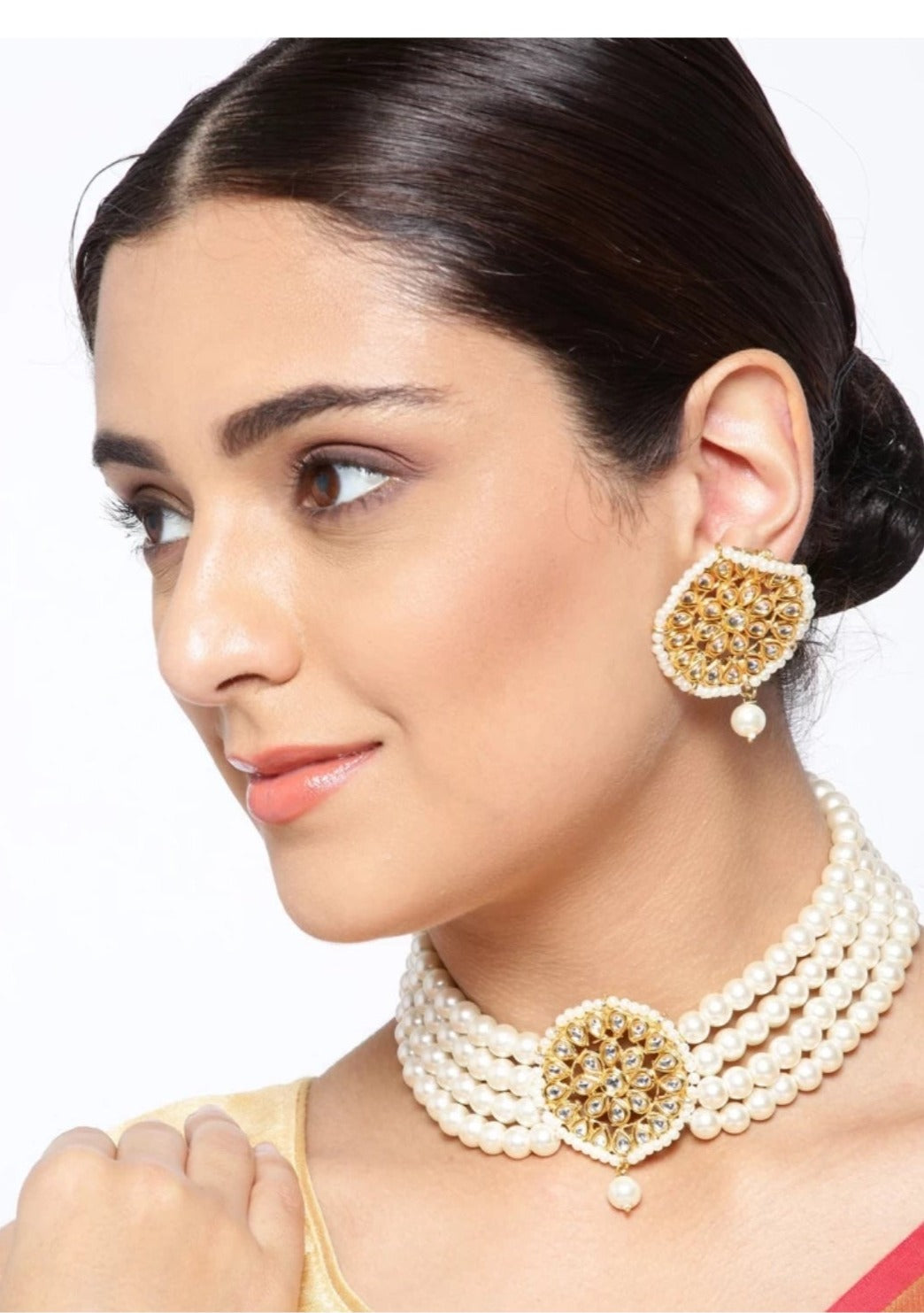 Gold Plated White Stone Pearl Kundan Necklace Earrings Bollywood Collection