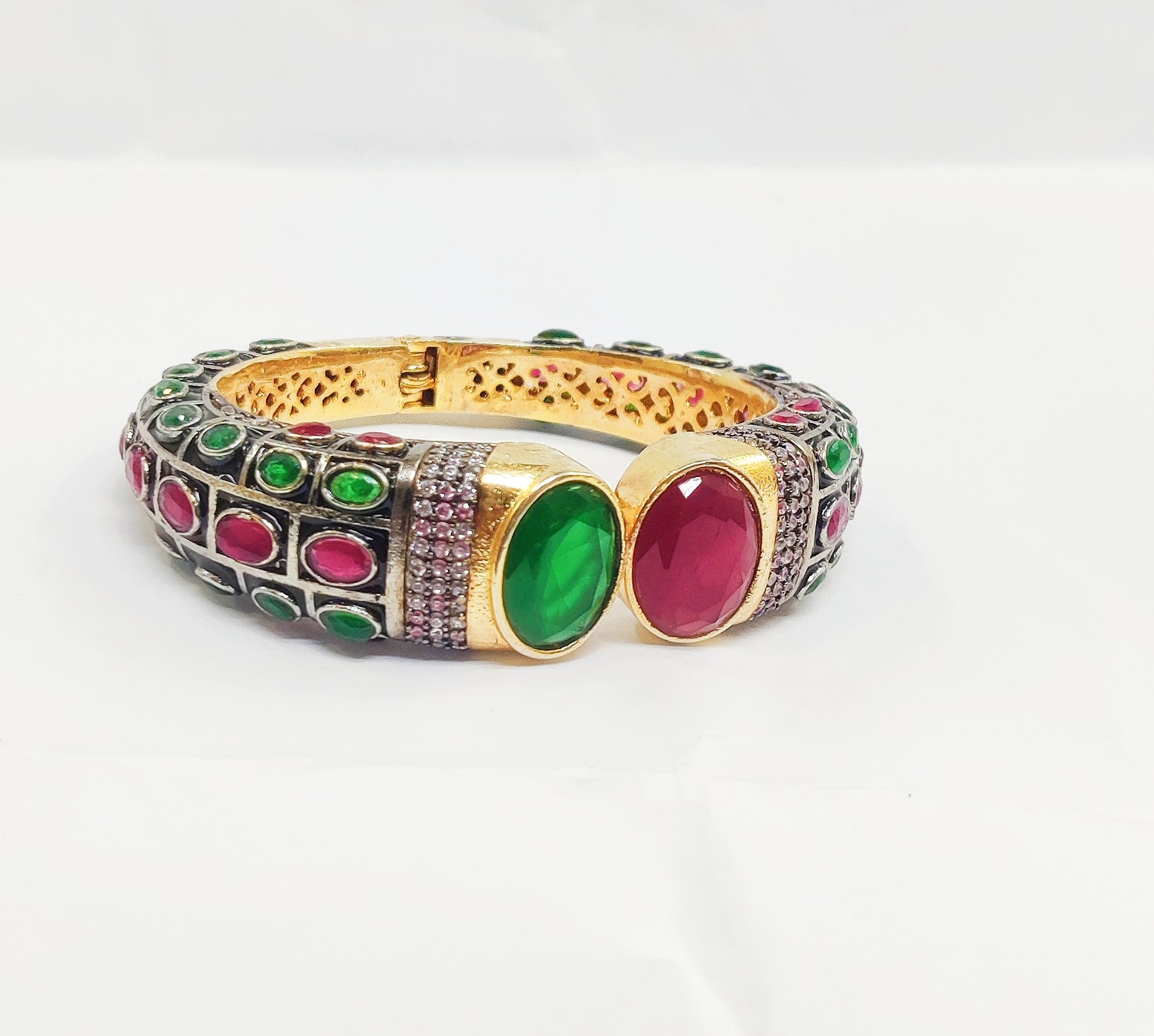 Green & Red Gold Plated Antique Polish AD Bangle Set Bollywood Jewellery