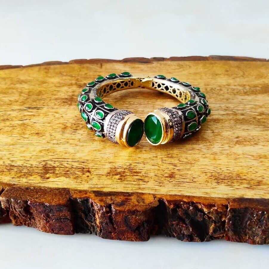 Green Beaded Kundan Antique Polish Single Hand Kada Jewellery Set