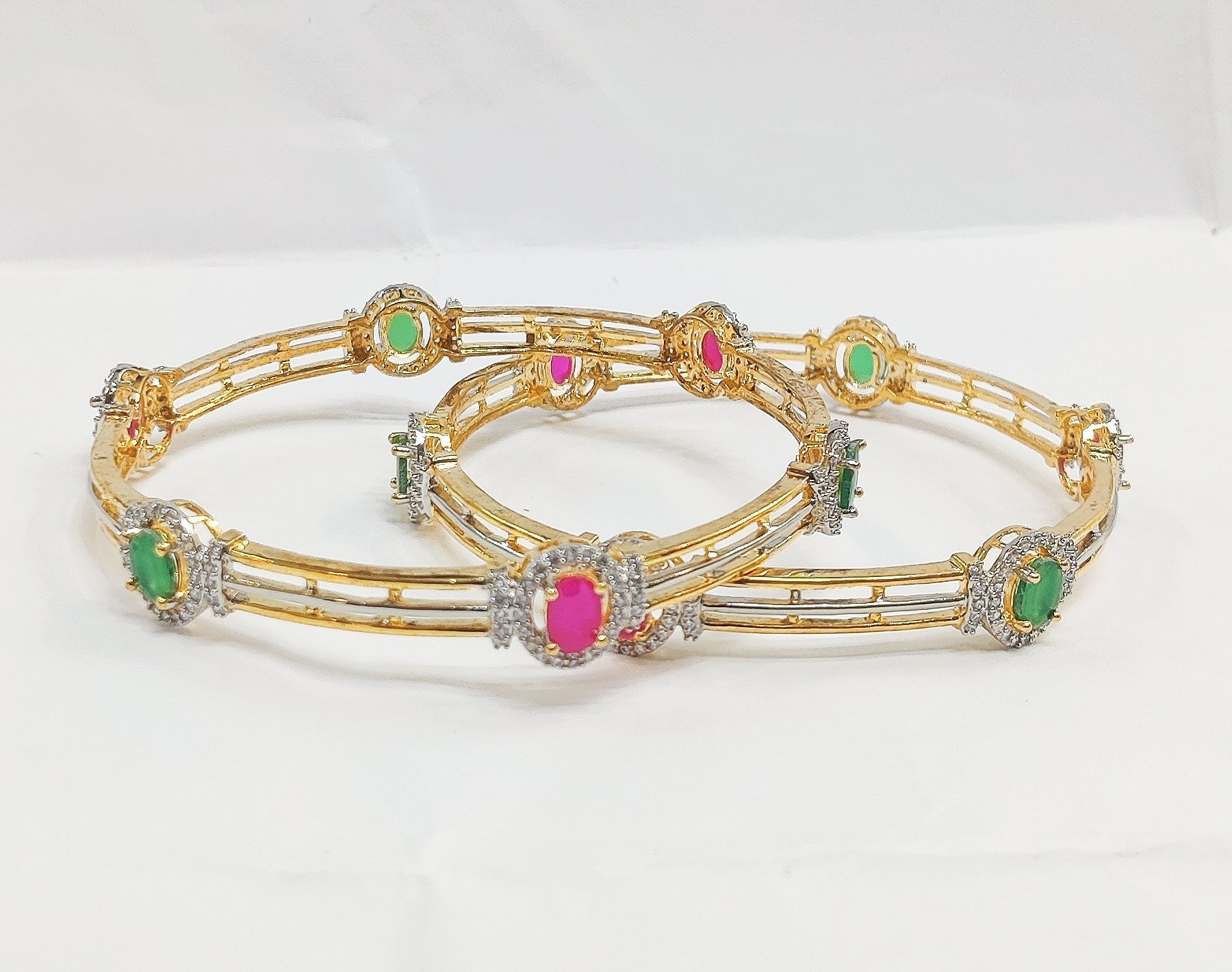 Gold Plated Red Green AD-Studded Round Stone Bangles Indian Bollywood Jewellery