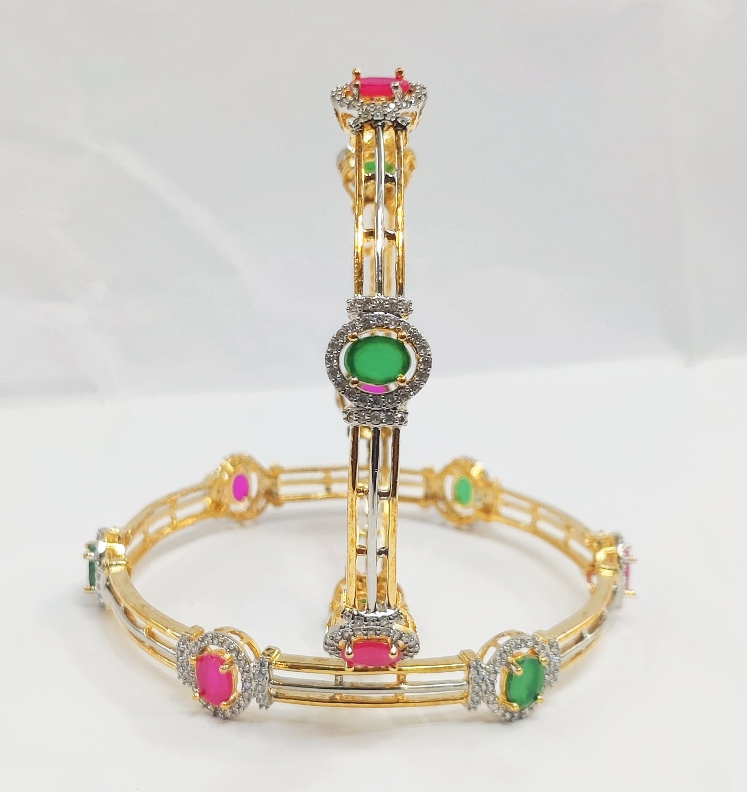Gold Plated Red Green AD-Studded Round Stone Bangles Indian Bollywood Jewellery