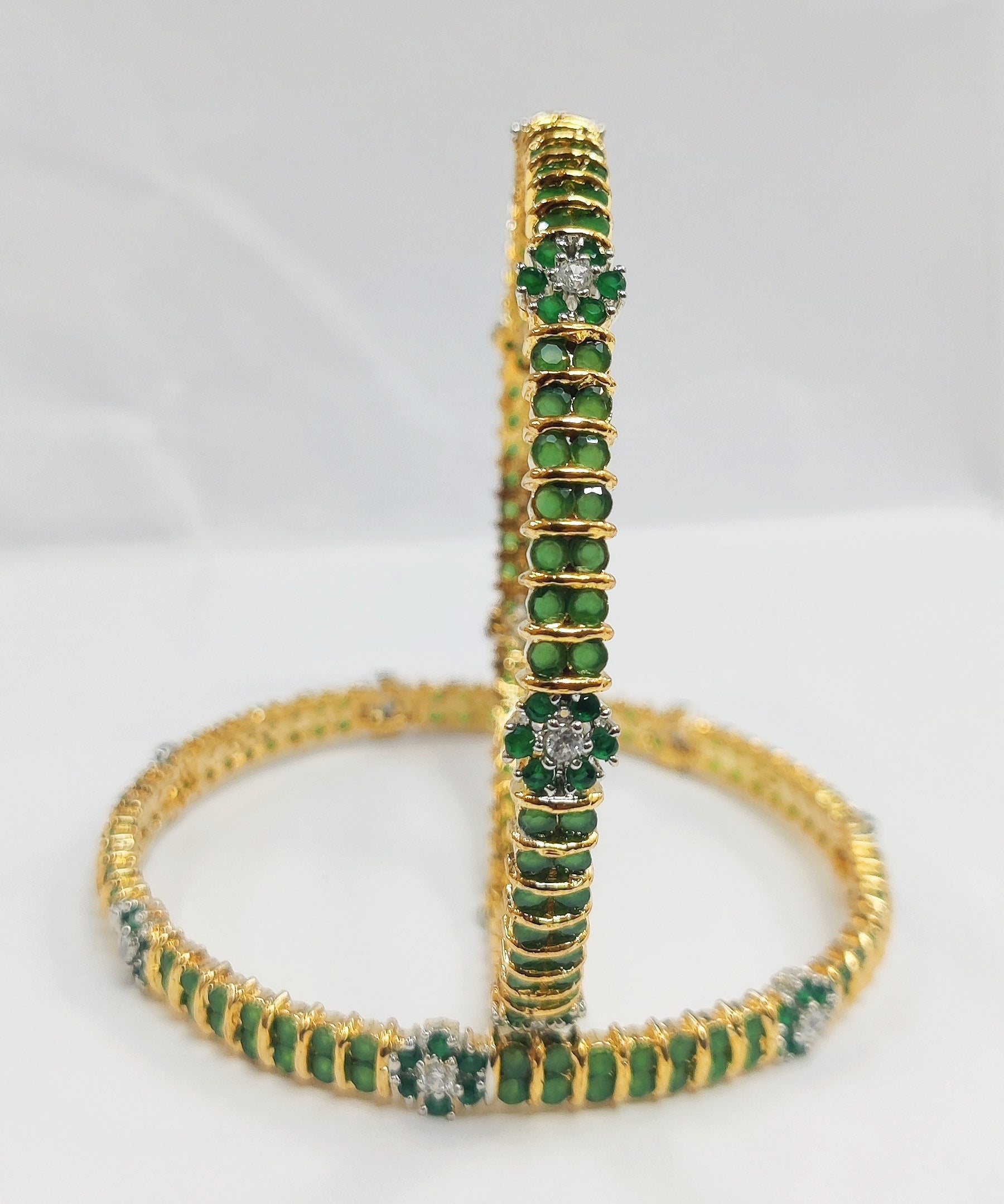 Gold Plated AD-Studded Green Round Stone Bangles Indian Swarovski Bollywood Jewelry