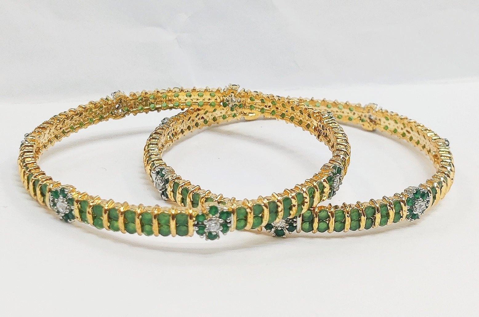 Gold Plated AD-Studded Green Round Stone Bangles Indian Swarovski Bollywood Jewelry