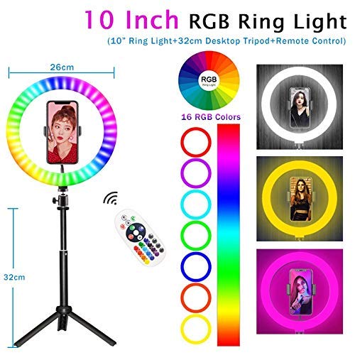 10" RGB Selfie Ring Light, 16 Colors LED Ring Light with Tripod Stand For All Reel Makers